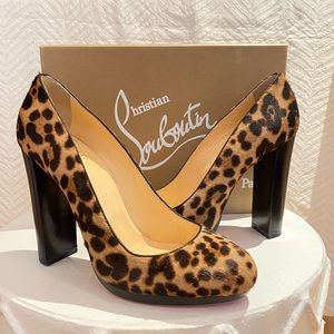 Louboutin leopard calf hair stacked heel pumps
